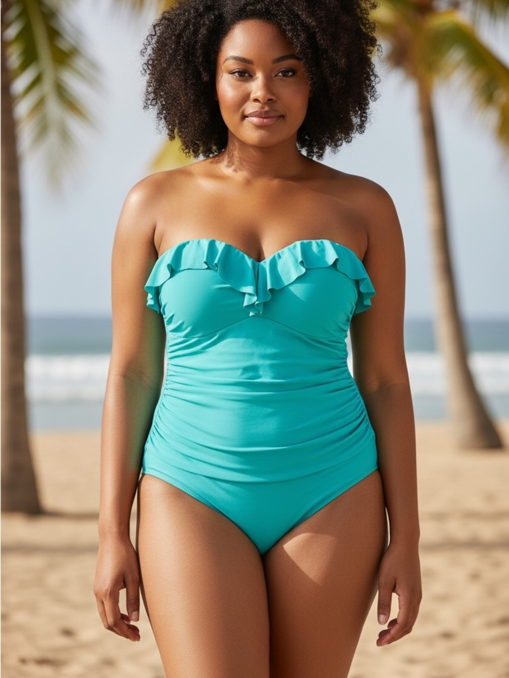 Bleu Rod Beattie Turquoise Ruffle‎ Bandeau Ruched One Piece Swimsuit Turquoise